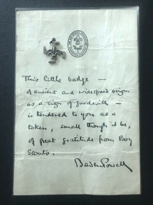  boy scout official letter and thanks badge signed baden powell dated on ok